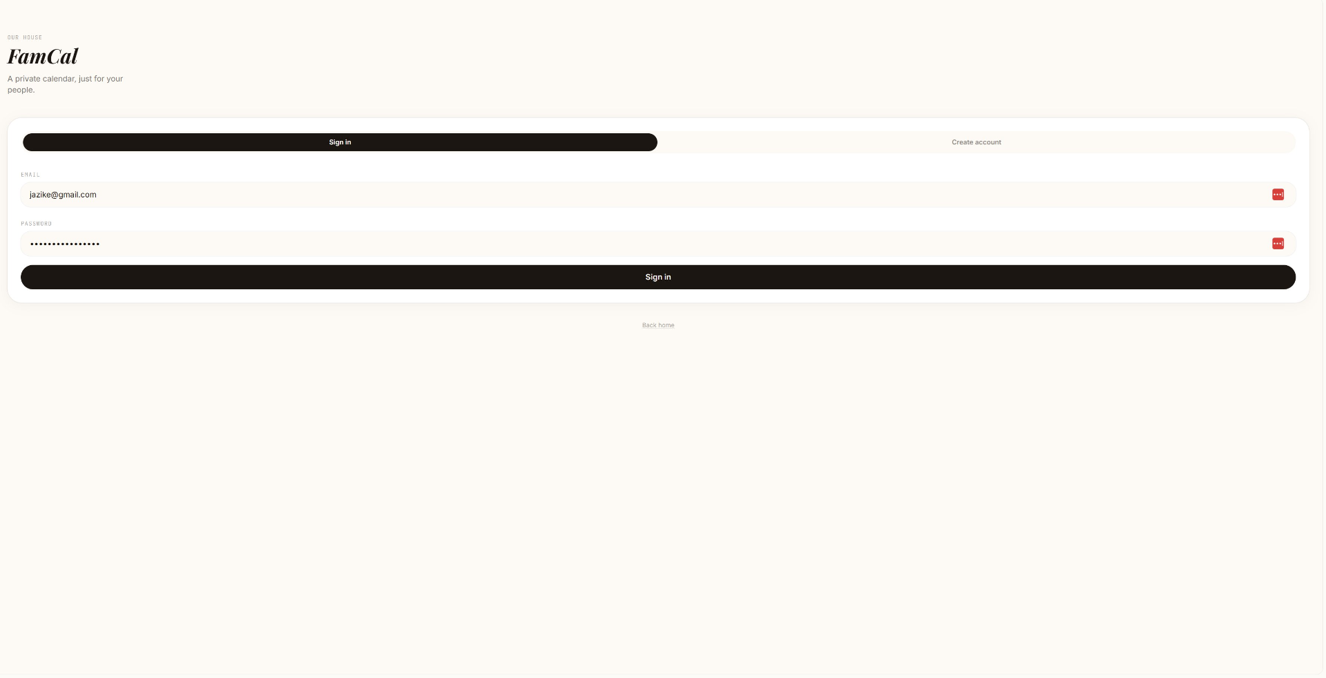 FamCal sign-in page